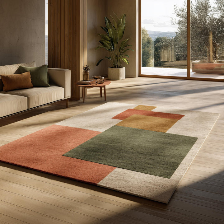 Translation missing: es.Modern geometric rug with abstract wool design in warm terracotta, olive, cream, and mustard tones