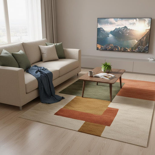 Translation missing: es.Modern Geometric Rug handmade wool carpet with abstract geometric pattern in warm terracotta, olive, cream, and mustard tones for living room
