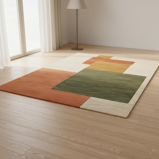Translation missing: es.Modern geometric rug with abstract color block design in terracotta, olive, cream, and mustard tones, handmade wool carpet for living room