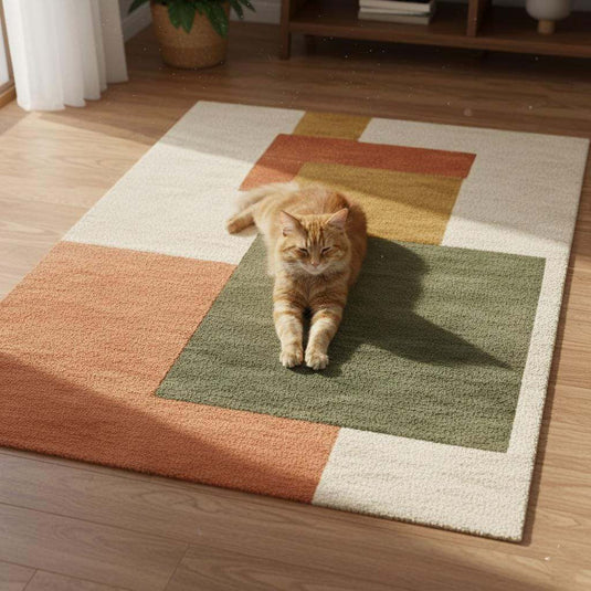 Translation missing: es.Modern Geometric Rug handmade wool abstract area rug with terracotta, olive green, cream, and mustard geometric pattern for living room
