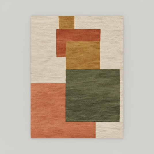 Translation missing: es.Modern geometric rug with handmade wool and abstract color block pattern in warm terracotta, olive, cream, and mustard tones for living room
