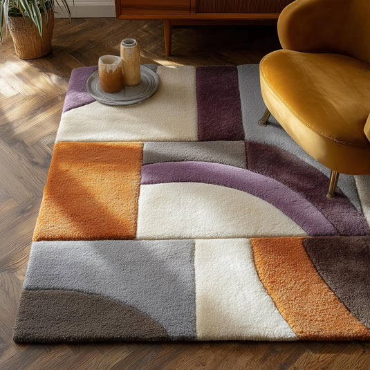 Translation missing: en.Modern geometric rug with muted orange, dusty lilac, and ivory cream tones in abstract color block design