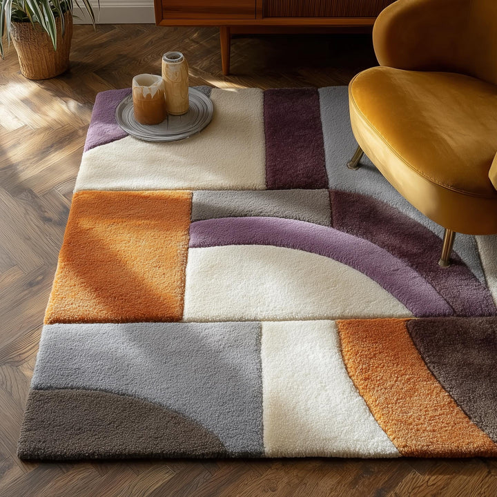 Translation missing: en.Modern geometric rug with muted orange, dusty lilac, and ivory cream tones in abstract color block design