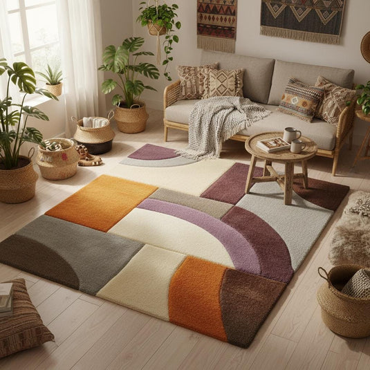 Translation missing: en.Modern Geometric Area Rug – Abstract Colour-Block Design in Muted Orange, Dusty Lilac &amp; Ivory – Contemporary Home Accent Rug for Living Room