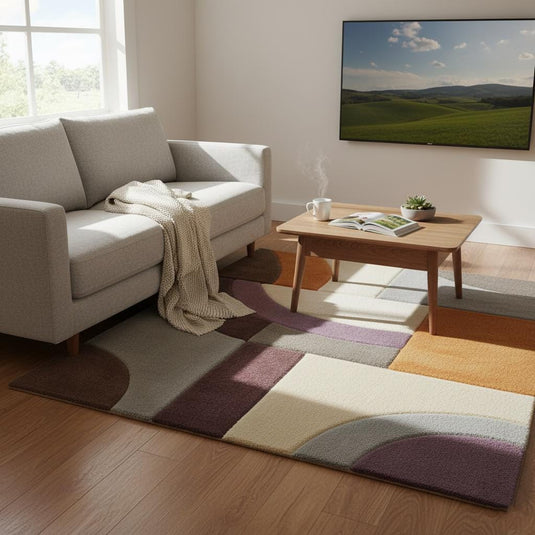 Translation missing: en.Modern Geometric Area Rug – Abstract Colour-Block Design in Muted Orange, Dusty Lilac &amp; Ivory – Contemporary Home Accent Rug for Living Room