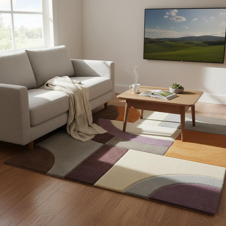 Translation missing: en.Modern Geometric Area Rug – Abstract Colour-Block Design in Muted Orange, Dusty Lilac &amp; Ivory – Contemporary Home Accent Rug for Living Room