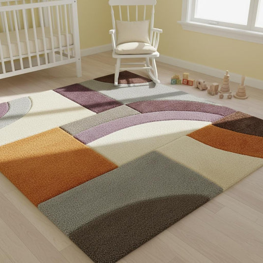 Translation missing: en.Modern Geometric Area Rug – Abstract Colour-Block Design in Muted Orange, Dusty Lilac &amp; Ivory – Contemporary Home Accent Rug for Living Room