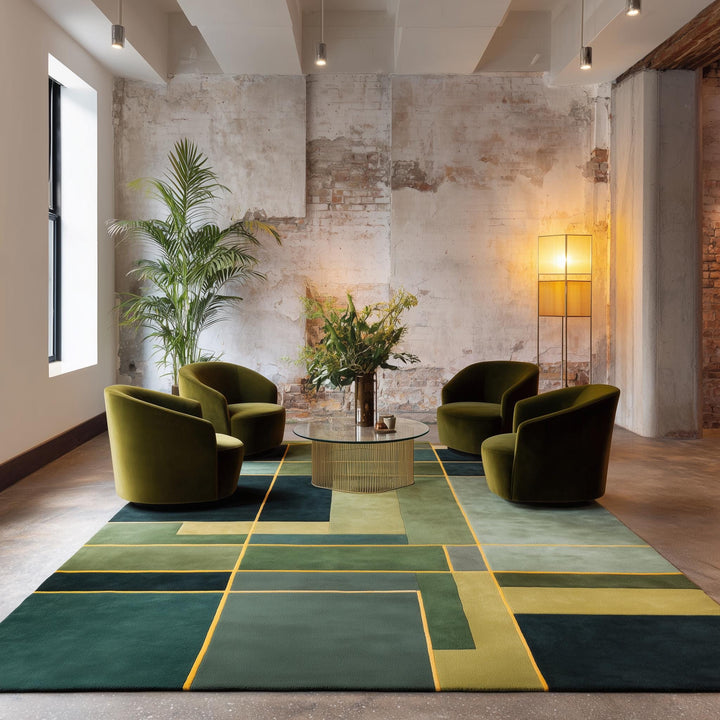 Translation missing: en.Modern geometric rug in green with abstract art design made of premium New Zealand wool