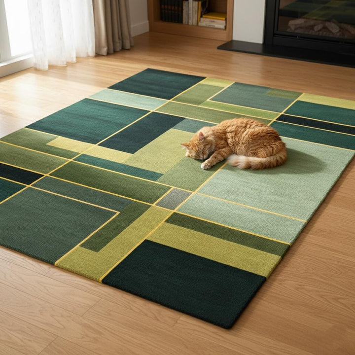 Translation missing: en.Modern geometric rug in green with abstract art design made of hand-tufted New Zealand wool