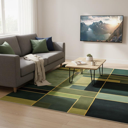 Translation missing: es.Modern geometric rug with green, sage, and mustard abstract design in luxurious New Zealand wool