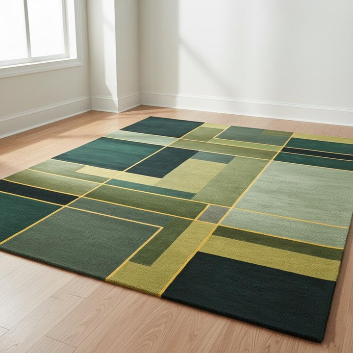 Translation missing: en.Modern geometric rug with green abstract art design in wool