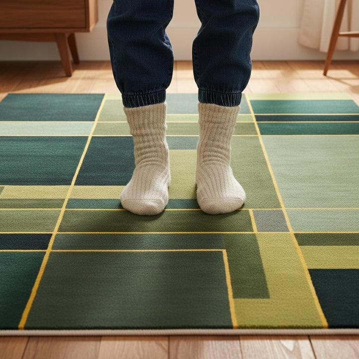 Translation missing: en.Modern geometric rug in green with abstract art design and premium New Zealand wool texture