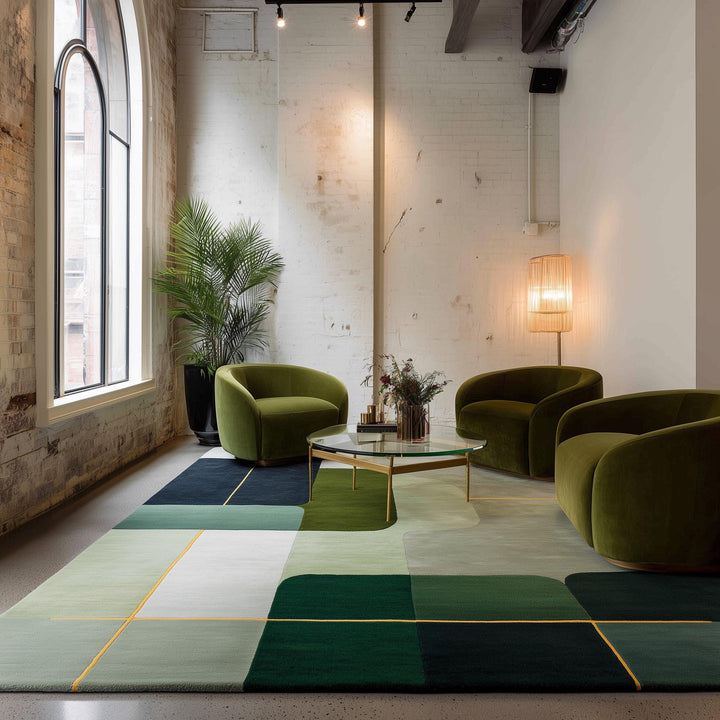 Translation missing: es.Modern geometric rug hand-tufted wool colour block carpet in olive green and navy for luxury living room decor