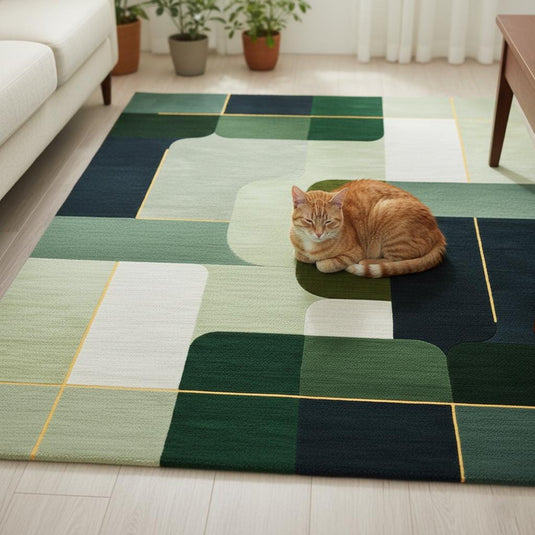 Translation missing: es.Hand-tufted modern geometric rug in olive green and navy, luxury wool carpet for living room decor