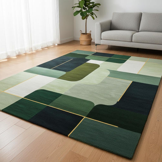 Translation missing: es.Modern geometric rug hand-tufted wool with olive green, navy, and forest color blocks for luxury living room decor
