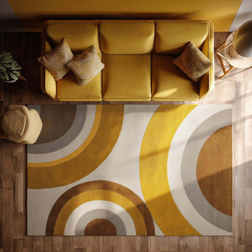 Translation missing: en.Modern retro rug with geometric abstract curved pattern in yellow mustard, brown, and beige tones