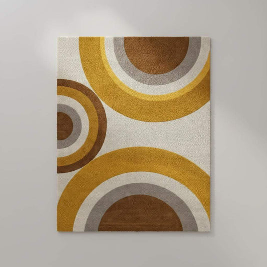 Translation missing: es.Modern retro rug with abstract curved geometric pattern in mustard yellow, brown, and beige tones for vintage style home decor