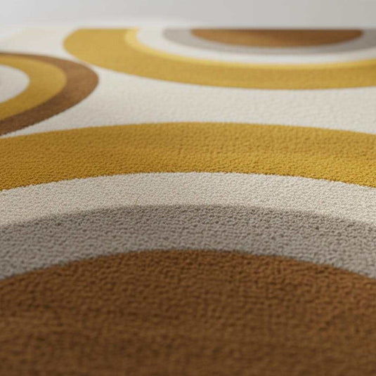 Translation missing: es.Modern retro rug with abstract curved geometric pattern in mustard, brown, and beige tones