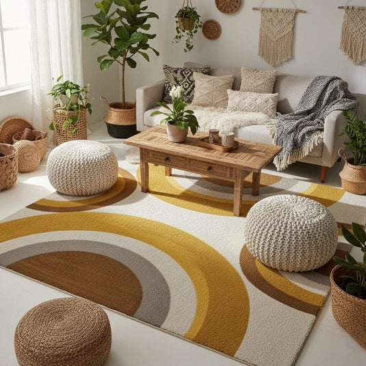 Translation missing: es.Modern retro rug with abstract curved geometric pattern in mustard yellow, brown, and beige tones