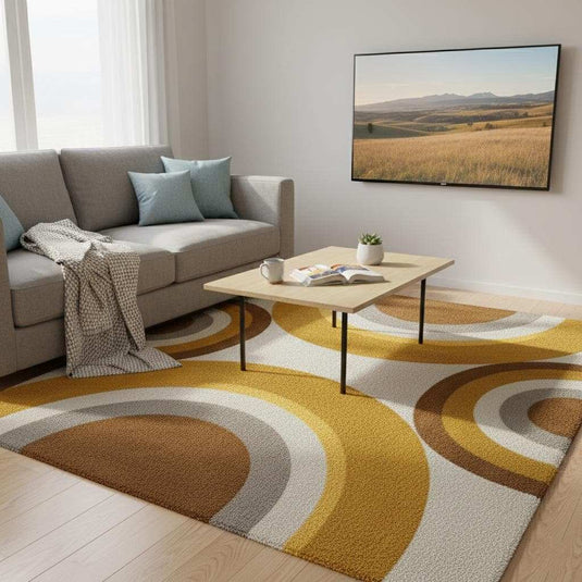 Translation missing: es.Modern retro rug with abstract curved geometric pattern in yellow mustard, brown, and beige tones