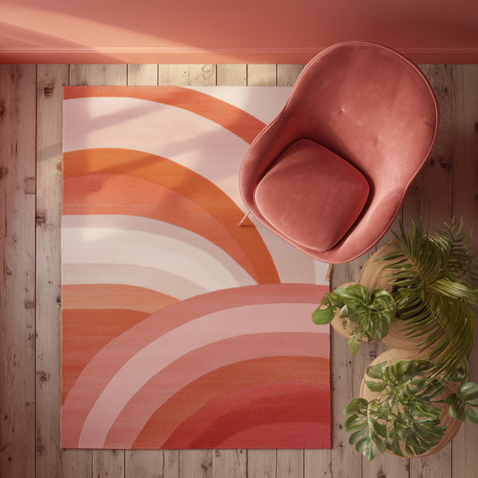 Translation missing: es.Modern Retro Area Rug with pink, orange curved stripes and plush texture for cozy mid century home decor