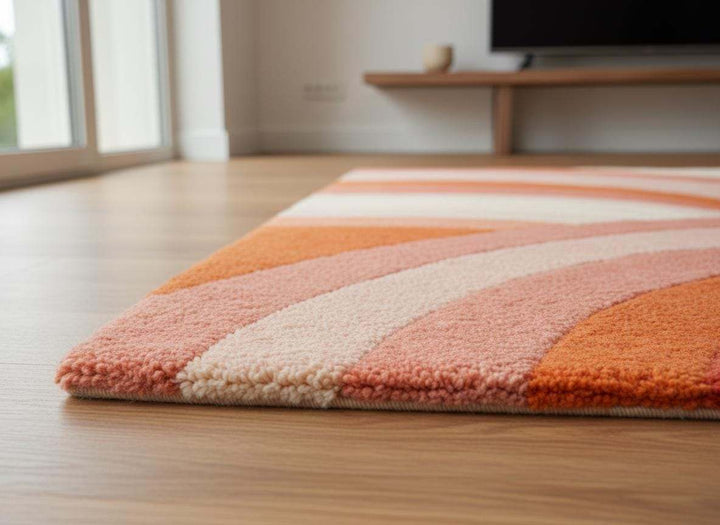Translation missing: en.Modern Retro Area Rug with pink and orange curved stripes and plush texture for cozy living spaces