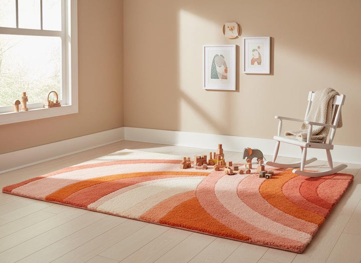 Translation missing: en.Modern Retro Area Rug with warm pink and orange curved stripes, plush texture, and mid-century design