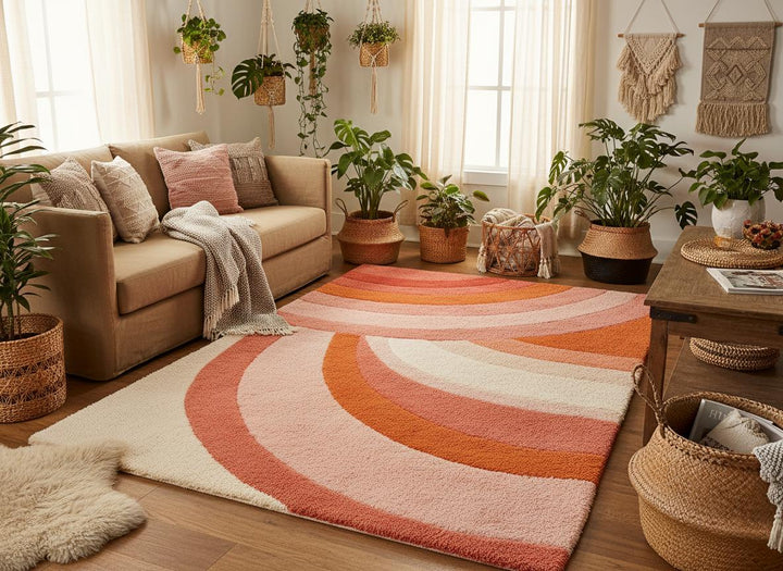 Translation missing: en.Modern Retro Area Rug with pink, orange, and cream curved stripes and plush texture