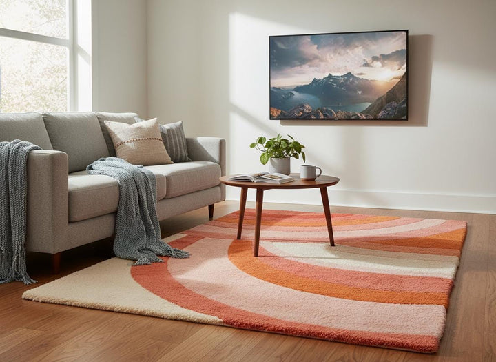 Translation missing: en.Modern Retro Area Rug with pink, orange, and cream curved stripes and plush tufted texture for cozy living spaces