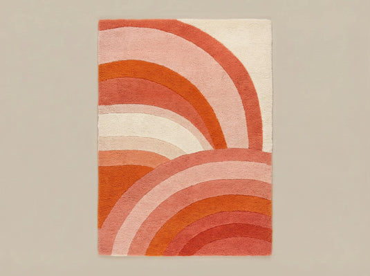 Translation missing: es.Modern Retro Area Rug with cozy plush texture in pink and orange curved stripes for mid century boho decor