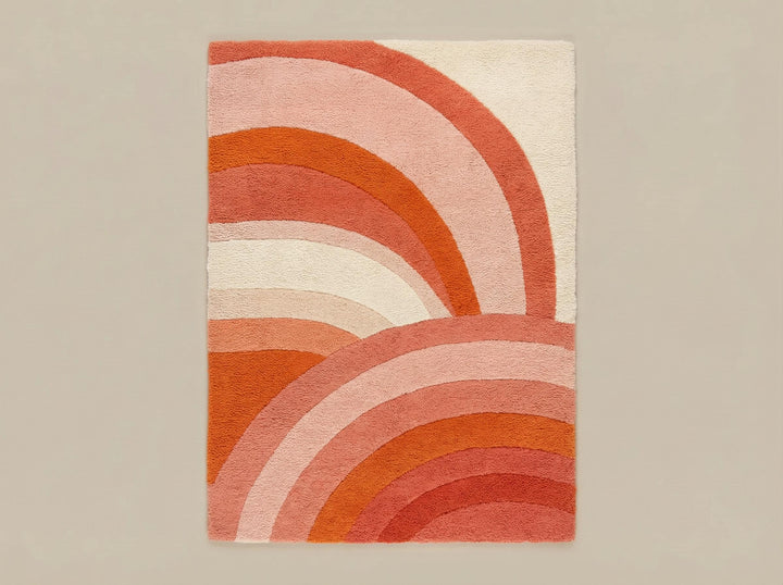Translation missing: en.Modern Retro Area Rug with cozy plush texture in pink and orange curved stripes for mid century boho decor