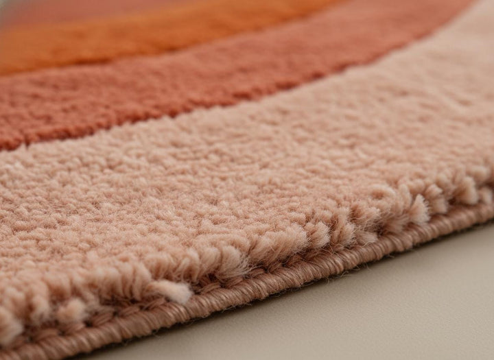 Translation missing: en.Modern Retro Area Rug with pink and orange curved stripes, plush texture, and mid century boho design