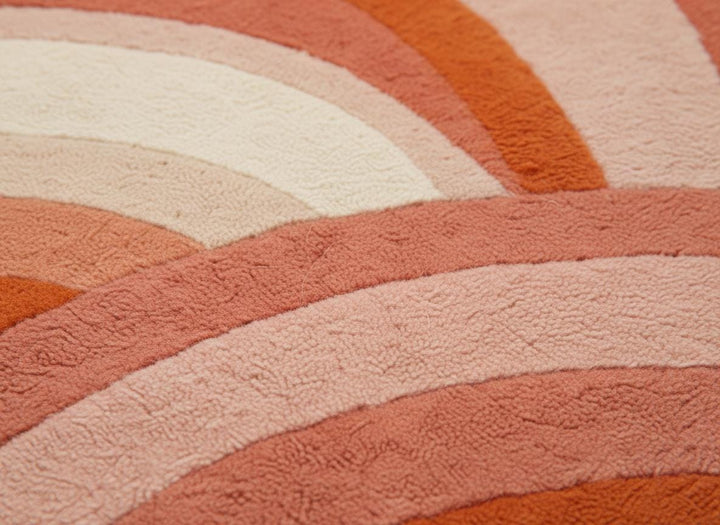 Translation missing: en.Modern Retro Area Rug with pink orange curved stripes and plush texture for cozy mid century decor