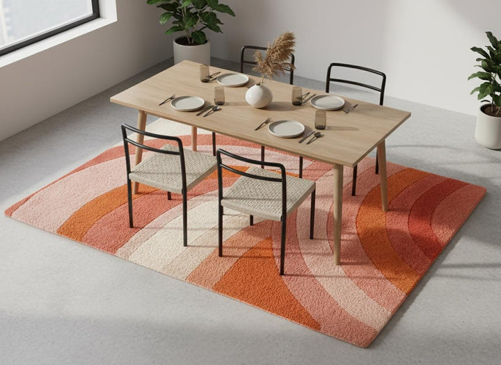 Translation missing: en.Mid century Modern Retro Area Rug with pink and orange curved stripes and plush texture