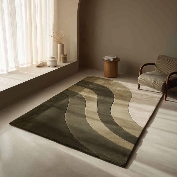 Translation missing: en.Modern wave area rug with organic wavy stripes in olive green, handloom wool, plush texture, ideal for boho and mid-century modern decor