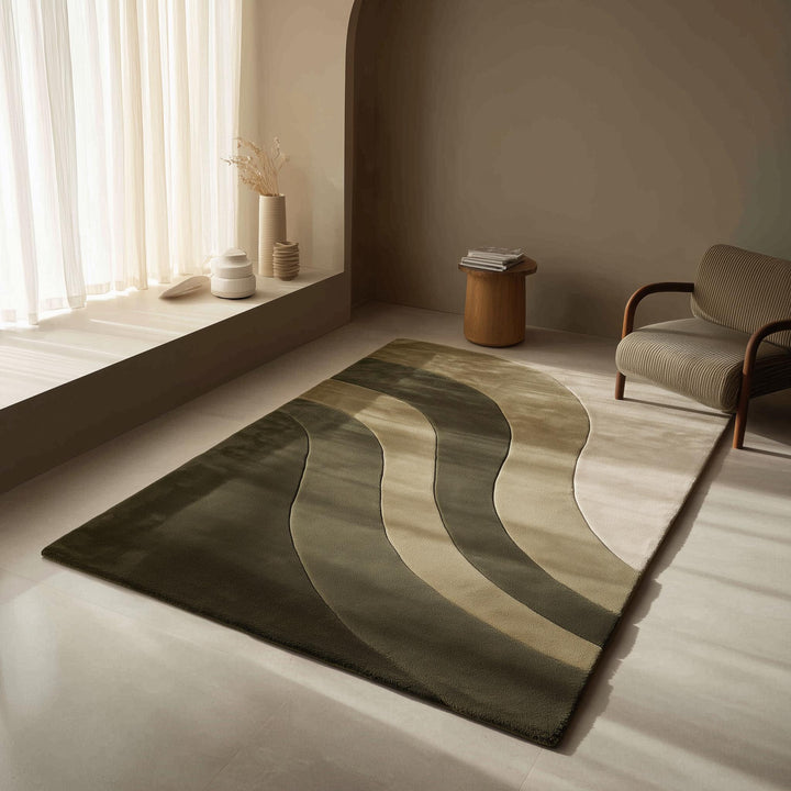 Translation missing: en.Modern Wave Area Rug with organic wavy stripes in olive green handloom wool plush carpet