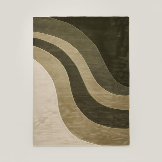 Translation missing: es.Modern Wave Area Rug handloom wool with organic olive green wavy stripes
