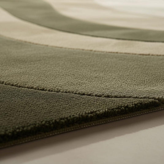 Translation missing: es.Modern Wave Area Rug with organic olive green wavy stripes, handloom wool plush carpet for minimalist and boho interiors