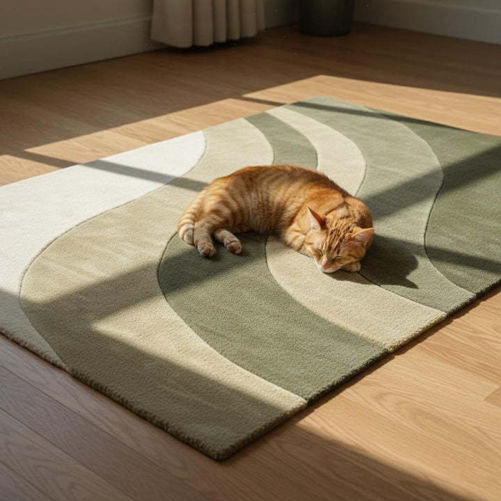 Translation missing: en.Modern Wave Area Rug handloom wool with olive green wavy stripes and plush texture