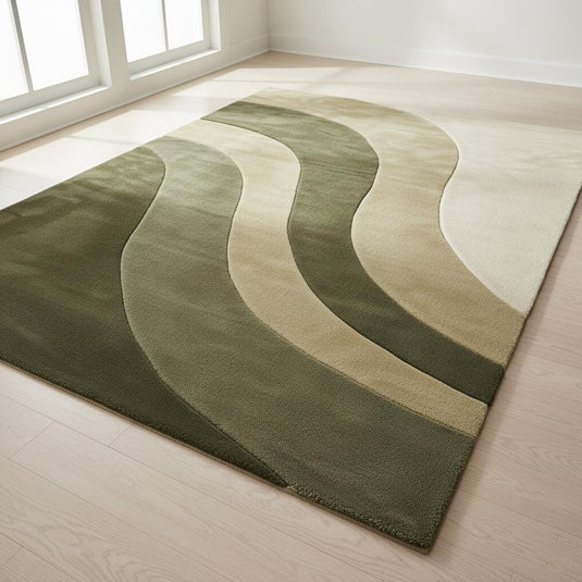Translation missing: es.Modern wave area rug with organic wavy stripes in olive green handloom wool
