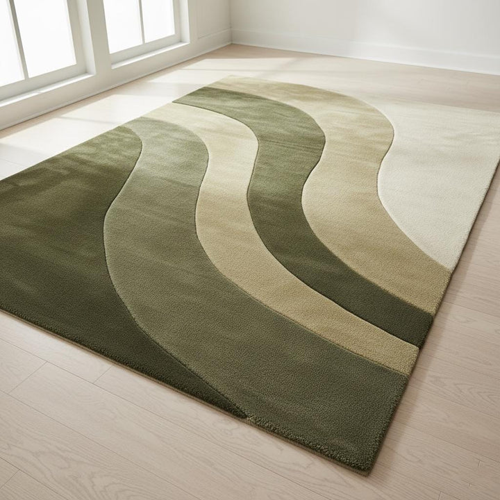 Translation missing: en.Modern wave area rug with organic wavy stripes in olive green handloom wool