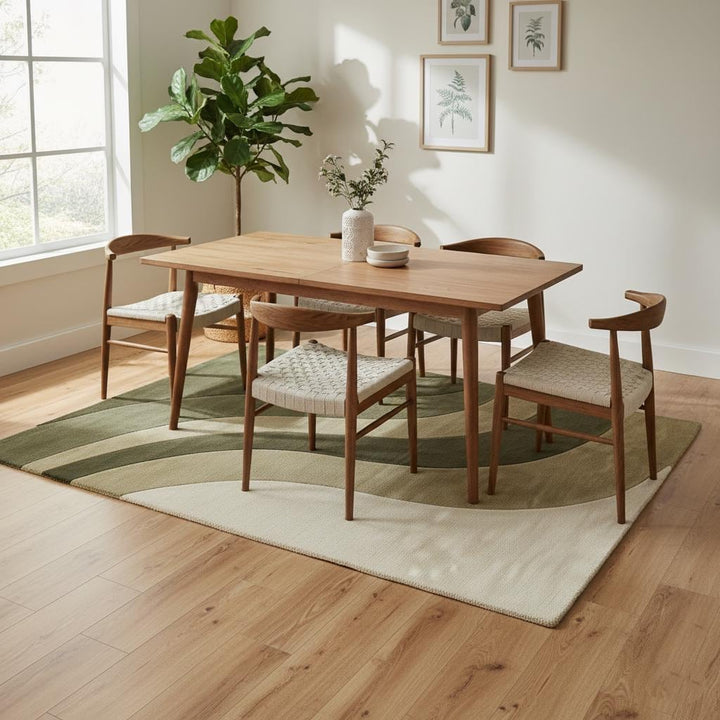 Translation missing: en.Olive green modern wave area rug with organic wavy stripes, handloom wool plush carpet for boho and mid-century interiors