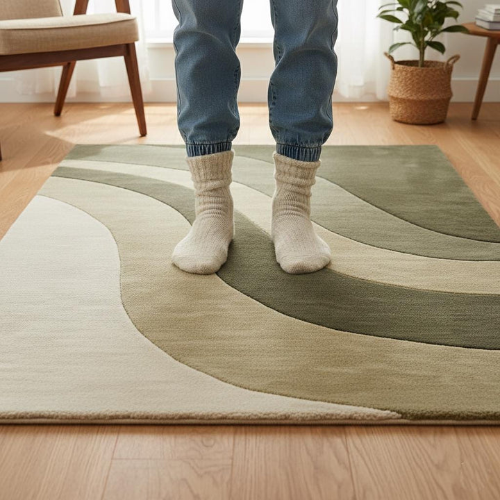 Translation missing: en.Modern wave area rug with olive green wavy stripes, handloom wool plush carpet for cozy minimalist and boho interiors
