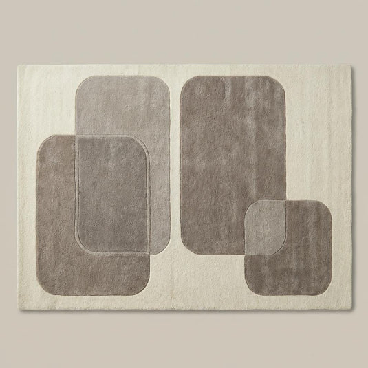 Translation missing: es.Top-down view of modern geometric area rug with abstract layered shapes, cream border, and taupe design, minimalist neutral carpet for stylish living spaces
