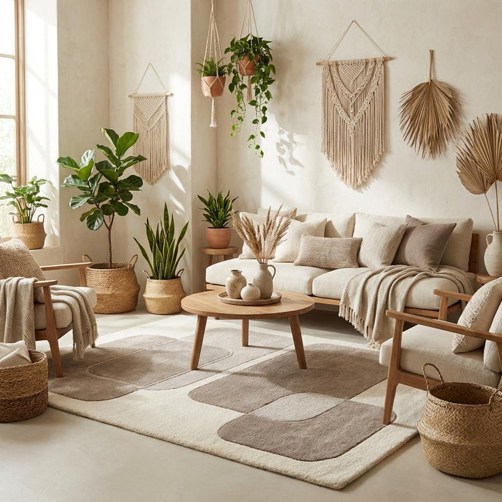 Translation missing: en.Neutral abstract rug placed in modern living room, soft plush carpet anchoring seating area with contemporary furniture and warm minimalist décor
