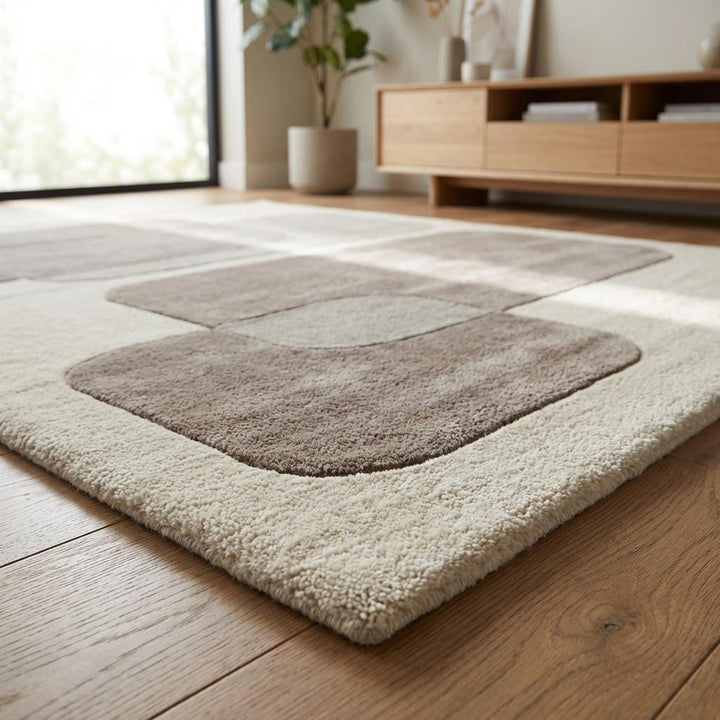 Translation missing: en.Detailed view of rug edge and carved border showing clean finishing, thick pile height, and dimensional texture of modern neutral geometric carpet