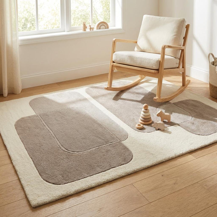 Translation missing: en.Soft neutral modern rug styled in cozy nursery room, plush abstract carpet creating warm, safe, and comfortable floor space for baby and family