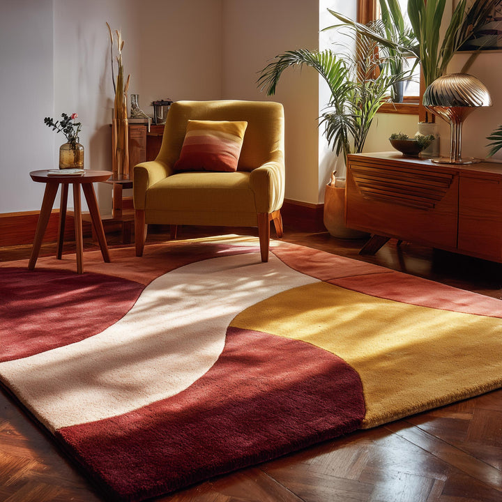 Translation missing: es.Modern abstract rug with red, yellow, and cream curved design in living room