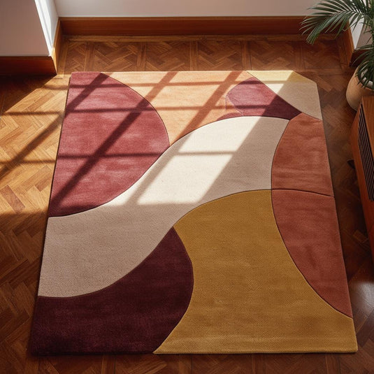 Translation missing: es.Mid-century color block area rug styled with mustard chair and plants