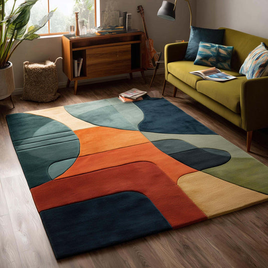 Translation missing: es.Modern abstract geometric area rug with bold jewel tones and freeform shapes for living room decor